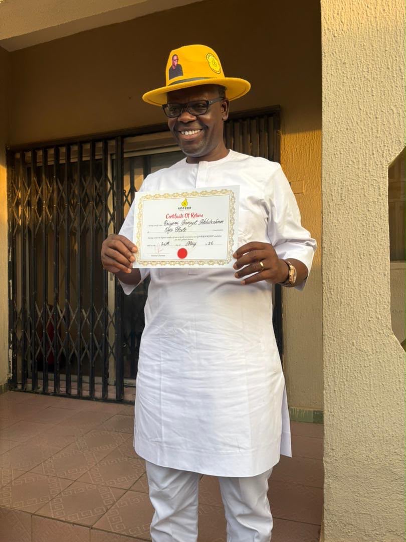 IInsightGrid's tweet photo. The wait is over!

Certificate of Return has finally been presented to Oriyomi Hamzat, officially affirming his emergence.

On behalf of InsightGrid, we congratulate him on this milestone achievement and wish him success as he continues his political journey.

Congratulations Oriyomi Hamzat! 🎉