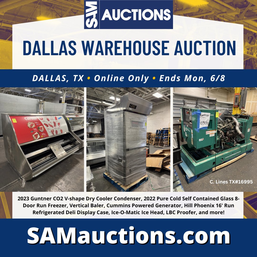 SAM_Auctions's tweet photo. MONDAY: SAM Dallas Warehouse Auction!

Featuring: 2023 Guntner CO2 V-shape Dry Cooler Condenser, 2022 Pure Cold Self Contained Glass 8-Door Run Freezer, Vertical Baler, Cummins Powered Generator, and more!

Bid Now: https://t.co/xkh2oovUOQ

C. Lines TX#16995 https://t.co/7wWxaVnH6o