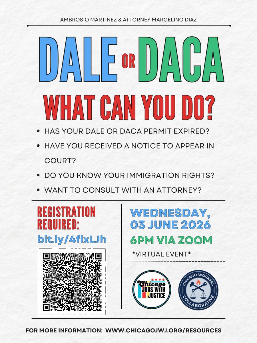 chicagolabor's tweet photo. TOMORROW: Do you have questions on DALE or DACA? Don’t face them alone. Join us tomorrow at 6 p.m. via Zoom to learn your rights, get trusted legal information, and connect directly with immigration advocates. Registration is required—secure your spot today! https://t.co/q2L7vdK1UH