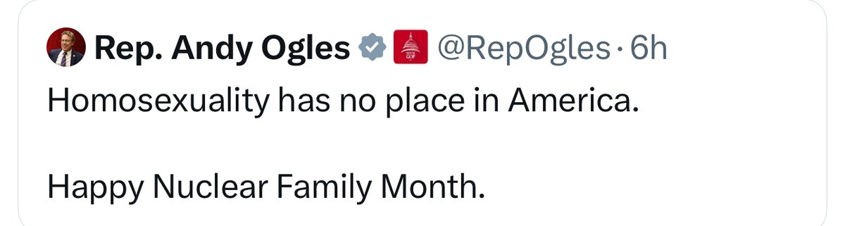 LogCabinGOP's tweet photo. What has no place in America is Andy Ogles’ bigoted views.

It’s worth noting that a majority of Americans and indeed most Republicans sharply disagree.

Andy Ogles is such an astonishingly unaccomplished member of Congress it’s easy to forget he even exists. https://t.co/Gb0esEqf3l