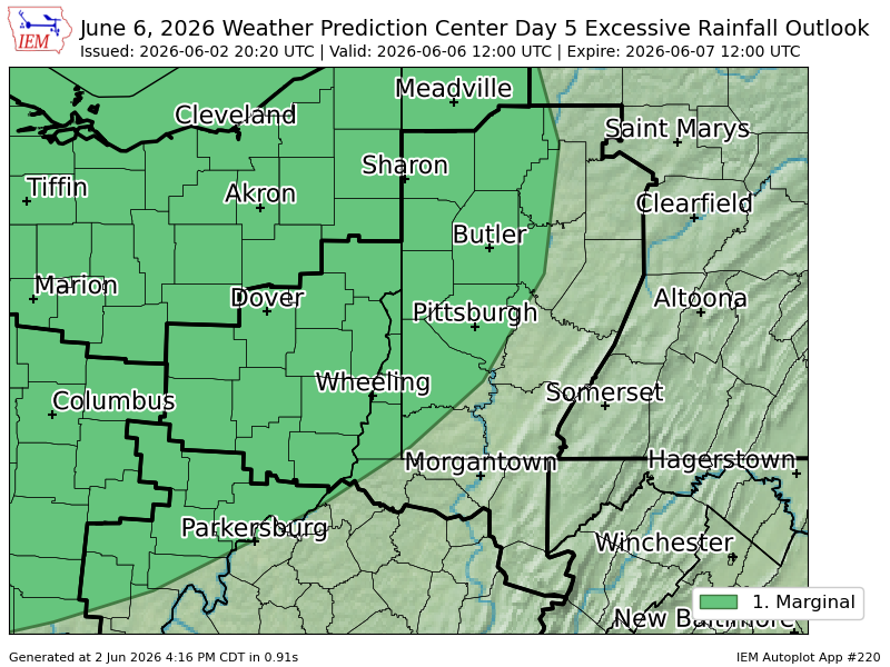 PennWeatherPA's tweet photo. WPC issues Day 5 Marginal Risk Excessive Rainfall Outlook at Jun 2, 20:20z for PBZ https://t.co/SumjMfOCBD https://t.co/ljo0rnHiJj