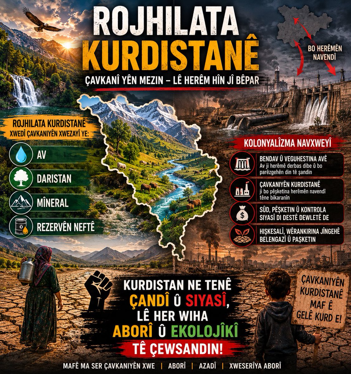 KKimsor's tweet photo. Rojhilata Kurdistanê xwedî çavkaniyên xwezayî yên dewlemend e: av, daristan, mîneral û hin rezervên neftê. Lê herêm hîn jî di nav herêmên herî bêpar, paşketî û ekolojîkî zirardîtî yên Îranê de ye.

Li gorî nivîskarên vê lêkolînê, ev ne tiştekî tesadufî ye, lê encama siyaseta dewletê ye ku ew wê wekî kolonyalîzma navxweyî şîrove dikin: navenda Îranê çavkaniyên Kurdistanê ji bo pêşketina herêmên navendî bi kar tîne. 

Kurdistan av, xam madde û çavkaniyên xwezayî dide, lê sûd, pêşketin û kontrola siyasî zêdetir di destê dewlet û navendê de dimîne. Ji ber vê yekê Kurdistan ne tenê çandî û siyasî, lê her wiha aborî û ekolojîkî jî tê çewsandin. 

Allan Hassaniyan & Mansour Sohrabi (2022): Colonial Management of Iranian Kurdistan; with Emphasis on Water Resources, Journal of World-Systems Research, 28(2), 320–343. 

https://t.co/bOFkqpF16O