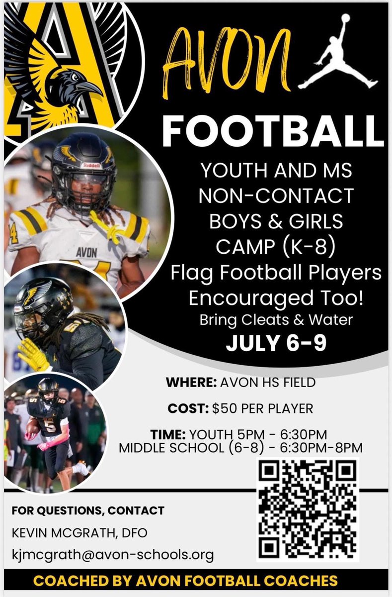 AvonQBClub's tweet photo. K-8 boys and girls Avon Football Camp! July 6-9! Coached by Avon High School coaches!
@AvonFBOrioles @OrioleAthletics https://t.co/GxW5cdtGDd