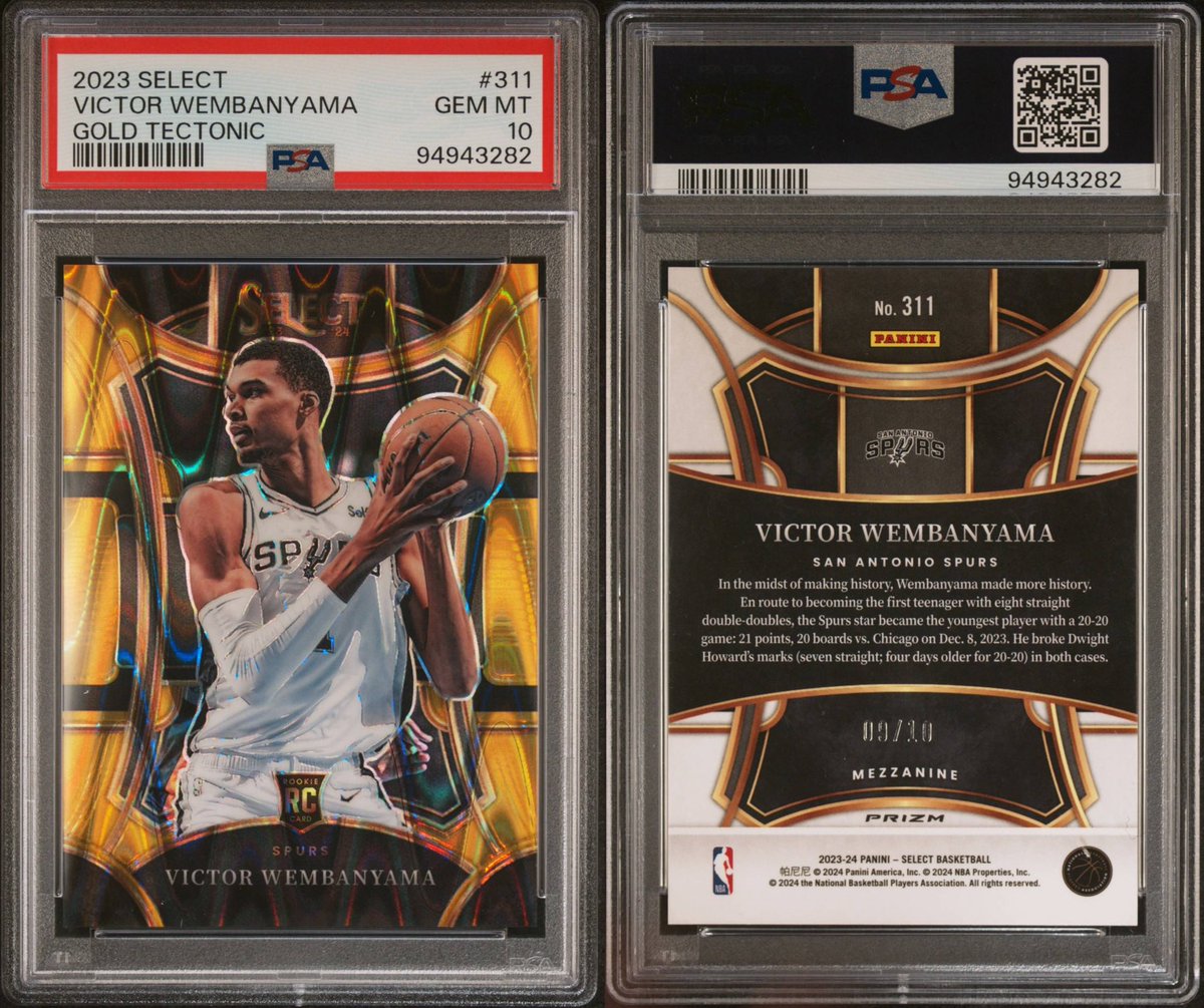 slabfactory_ty's tweet photo. Still working out the price tag, but a fun piece of consignment in today from a friend.

2023 Select Victor Wembanyama Gold Tectonic Mezzanine Level /10 PSA 10 https://t.co/5i64HBr4KK