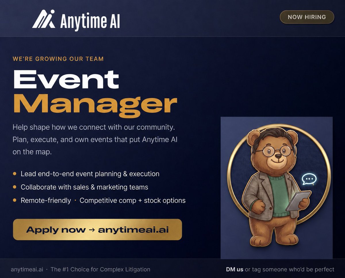 AnytimeAI2023's tweet photo. We're hiring an Event Manager at @AnytimeAI2023 Built Beyond Volume. Built for Depth. Built for Verdicts, and we need someone who brings that energy to every event we run.  Remote-friendly | $75K–$100K Apply 👉 https://t.co/nk44pHTt3B

 #NowHiring #EventManager #LegalAI https://t.co/cprMHbDjbB