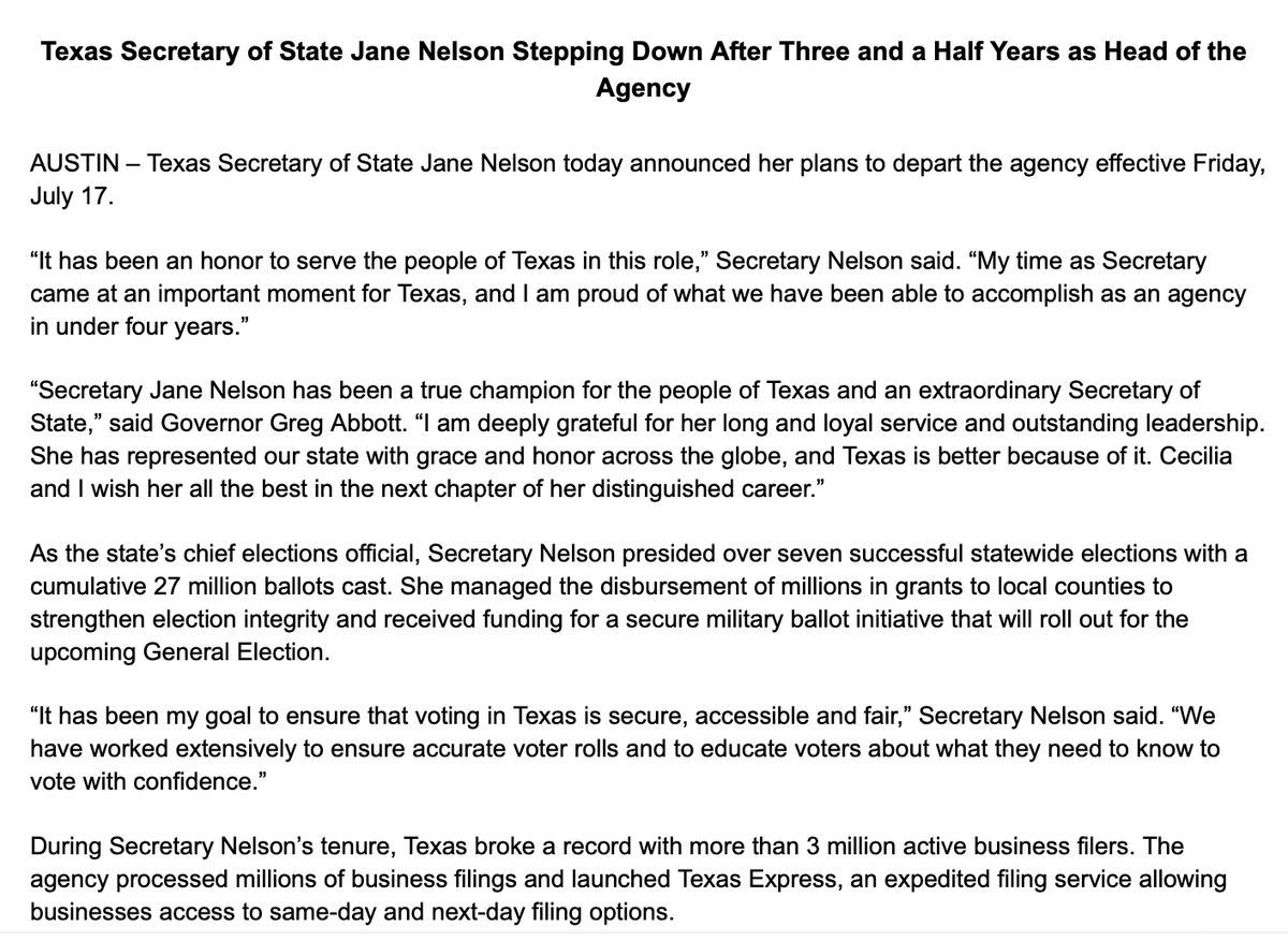 bwaltens's tweet photo. BREAKING: Texas Secretary of State Jane Nelson resigning July 17 https://t.co/LZCN38I4JG