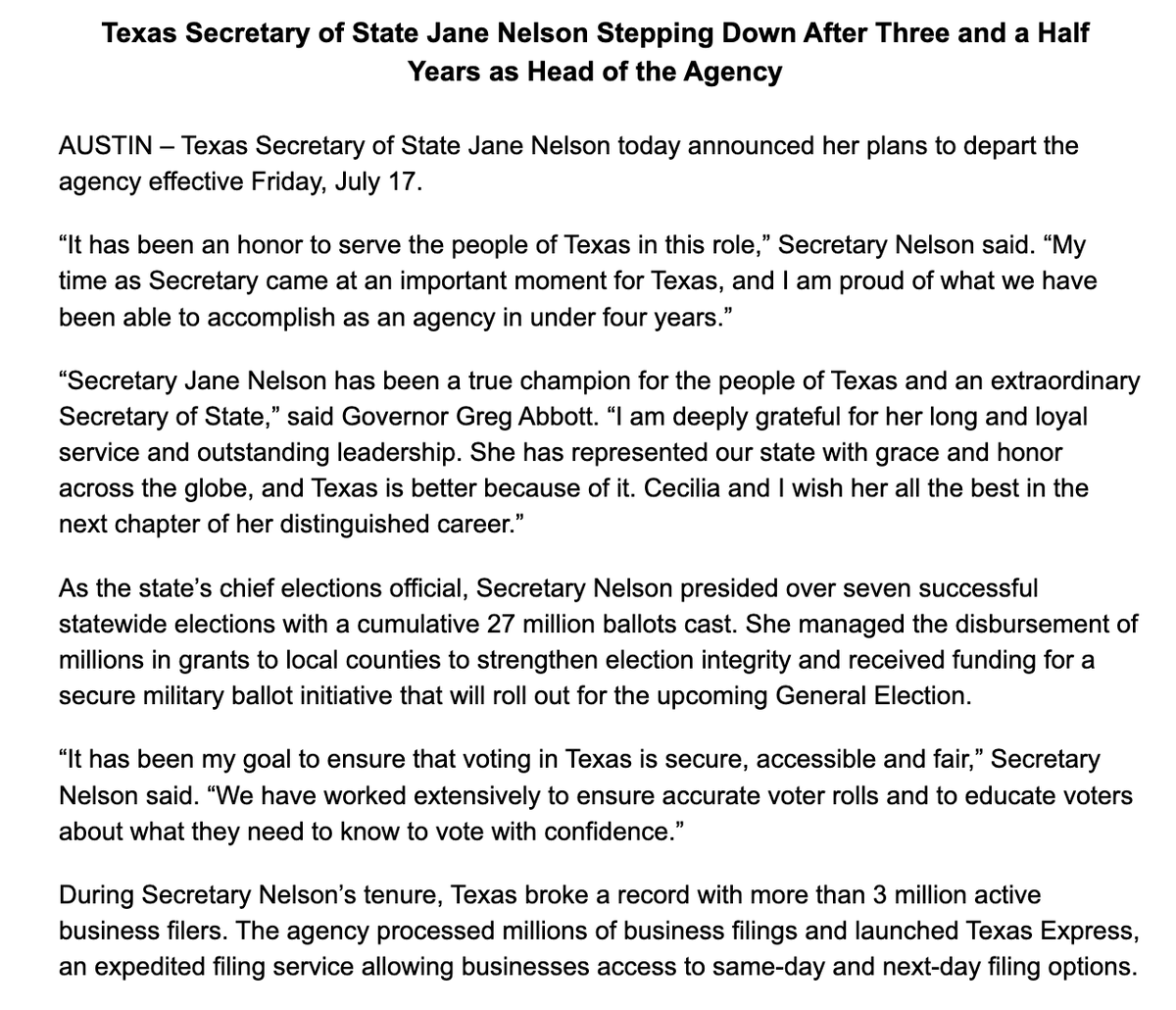 hannahdnorton's tweet photo. Inbox: @SecJaneNelson will retire as @TXsecofstate on July 17, per a news release from her office. The announcement doesn't say why she's leaving or if the 74-year-old has future career plans. #txlege https://t.co/QjduF7MWtk