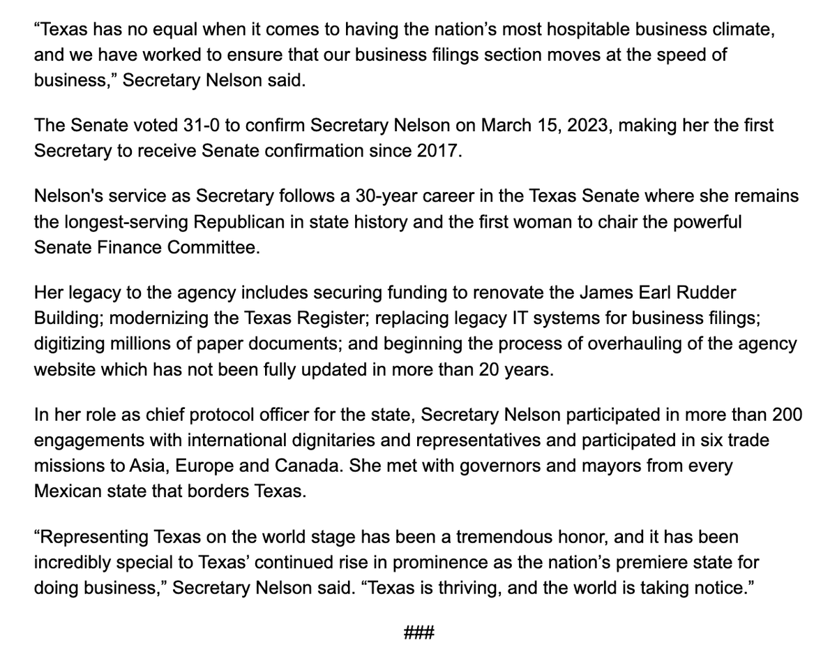 hannahdnorton's tweet photo. Inbox: @SecJaneNelson will retire as @TXsecofstate on July 17, per a news release from her office. The announcement doesn't say why she's leaving or if the 74-year-old has future career plans. #txlege https://t.co/QjduF7MWtk