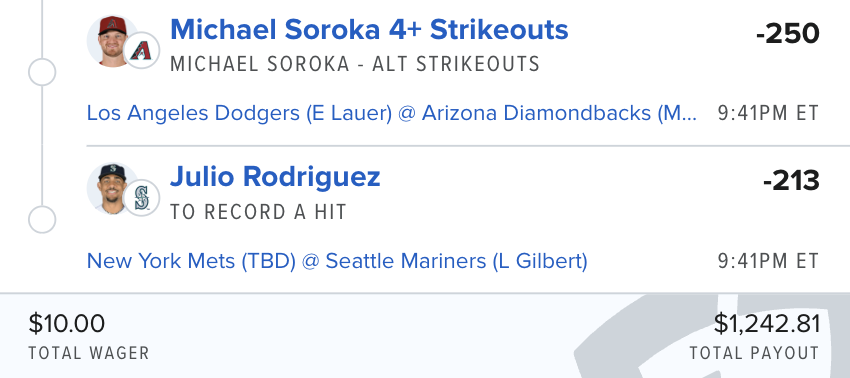 thepropdealer's tweet photo. There's only ONE hour until the first MLB game starts...

I think it's time for a parlay with one leg from every game.

$10 pays $1,200.

❤️ if you want the full slip. https://t.co/KQ4PS8m33m