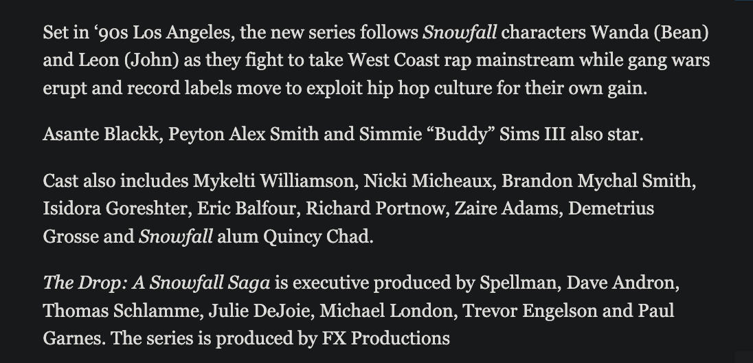 big_business_'s tweet photo. 👤THE DROP: A SNOWFALL SAGA👤

⬜️SNOWFALL SPIN-OFF⬜️

⬜️SET IN 90'S LOS ANGELES, THE NEW SERIES FOLLOWS  WANDA AND LEON AS THEY FIGHT TO TAKE WEST COAST RAP MAINSTREAM WHILE GANG WARS ERUPT AND RECORD LABELS MOVE TO EXPLOIT HIP HOP CULTURE FOR THEIR OWN GAIN⬜️

🚨FALL 2026🚨 https://t.co/GzyeDc74eV