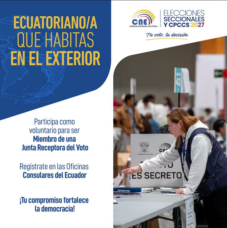 EmbajadaEcuDOM's tweet photo. 📢 Invitamos a la comunidad ecuatoriana en República Dominicana 🇪🇨🇩🇴 a participar como voluntarios para integrar las Juntas Receptoras del Voto en las Elecciones Seccionales y del CPCCS 2027.
Contáctanos por WhatsApp o escríbenos a:
📧 cecusantodomingo@cancilleria.gob.ec https://t.co/n4ReIITed4