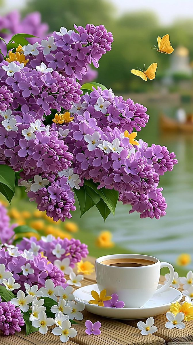 mshafqat72's tweet photo. Purple lilacs in full bloom, golden butterflies dancing, and a quiet cup of coffee by the water… some mornings are pure poetry 🦋☕💜
#Lilacs #MorningVibes #CoffeeMoments #Butterflies #SpringMorning #NatureLovers #PurpleFlowers #GoodMorning https://t.co/MiPceTmdMr