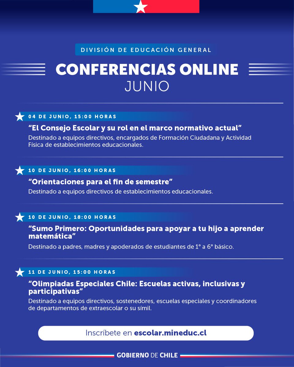 Mineduc's tweet photo. 📚💻 Invitamos a las comunidades educativas a conocer la oferta de conferencias online de junio de la División de Educación General, dirigidos a equipos directivos, docentes, apoderados y otros actores educativos. 

Revisa la programación e inscríbete en https://t.co/T9iUPP7SX2 https://t.co/yQbtKp0rk8