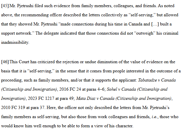 smeurrens's tweet photo. Federal Court rules that it was unreasonable in a rehabilitation application for a visa officer to describe character letters from family members, work colleagues and friends as all being self-serving, as this would imply that it is not really possible for applicants to provide reference letters from those who know them well.

https://t.co/YfJScvoVfy