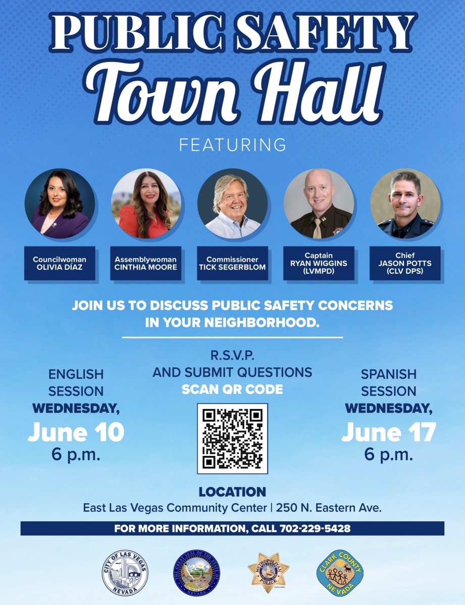 CommishTick's tweet photo. Join us for a Public Safety Town Hall to discuss the issues impacting our neighborhoods and how we can keep our community safe together.

📍 East Las Vegas Community Center  
🗓 English: June 10 at 6 PM  
🗓 Spanish: June 17 at 6 PM

Your voice matters, we hope to see you there! https://t.co/ntdspAvh7A