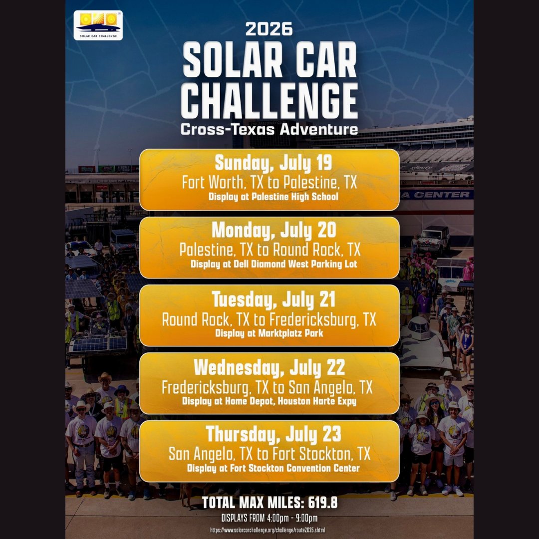 TXSES's tweet photo. The 2026 Solar Car Challenge, a “Cross-Texas Driving Adventure,” is taking off across Texas this July! 🏎️☀️🏆 #TXSES will be meeting the students in Round Rock on July 21st. Come on out! 🏁
➡️Details: Link in Comments
➡️See schedule in photos

@HighSchoolSolar #solar #SolarCars https://t.co/H9UNEApWTe