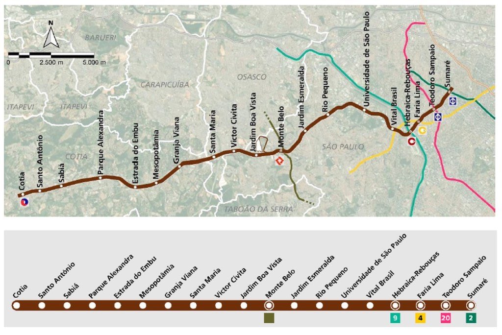 DiariodaCPTM's tweet photo. Governo de SP inicia sondagens e dá primeiro passo para a Linha 22-Marrom do metrô em Cotia

Totalmente subterrânea, a Linha 22-Marrom deve ter cerca de 29 quilômetros de extensão e 19 estações. O trajeto vai conectar Cotia e Osasco à estação Sumaré, integrando a Linha 2-Verde do Metrô de São Paulo

A previsão é de integração com outras linhas do sistema metroferroviário e capacidade para atender cerca de 650 mil passageiros por dia. O tempo estimado de viagem entre Cotia e a capital é de aproximadamente 42 minutos

https://t.co/gnoKqFo1K8