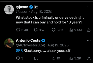 ACInvestorBlog's tweet photo. $BB Hey @Jason , do you remember this question from August? BlackBerry just reached $11.50 in after-hours trading! 

It was trading at $3.66 in August 19th https://t.co/kuDmArGoPJ