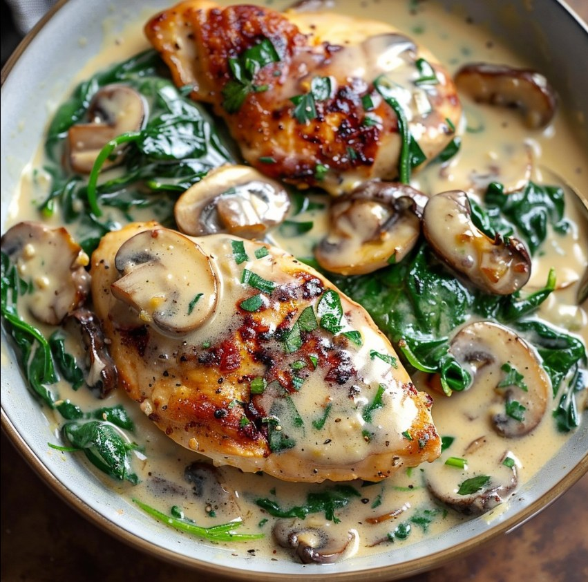 summer_food's tweet photo. Chicken with Spinach and Mushrooms in Creamy Parmesan Sauce

Ingredients:

4 boneless, skinless chicken breasts
2 tablespoons olive oil
Salt and pepper to taste
8 oz mushrooms, sliced
3 cups fresh spinach
4 cloves garlic, minced
1 cup heavy cream
1 cup grated Parmesan cheese
1 teaspoon Italian seasoning
1/4 teaspoon red pepper flakes (optional)
Fresh parsley, chopped (for garnish)
Directions:

Season the chicken breasts with salt and pepper.
In a large skillet, heat olive oil over medium-high heat. Add the chicken breasts and cook for 5-7 minutes on each side, or until golden brown and cooked through. Remove the chicken from the skillet and set aside.
In the same skillet, add the sliced mushrooms and cook for 5 minutes, or until they release their juices and start to brown.
Add the minced garlic and cook for about 1 minute, or until fragrant.
Add the fresh spinach to the skillet and cook until wilted, about 2-3 minutes.
Pour in the heavy cream and stir in the grated Parmesan cheese and Italian seasoning. Cook for 3-5 minutes, or until the sauce thickens slightly.
Return the chicken breasts to the skillet, nestling them into the sauce. Cook for an additional 5 minutes to allow the flavors to meld.
Garnish with fresh parsley and red pepper flakes, if desired. Serve hot.