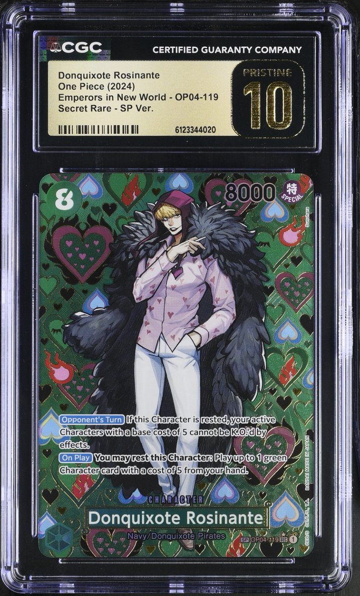 OnePieceAlert's tweet photo. ONE PIECE TCG DONQUIXOTE ROSINANTE SP OP04-119 CGC PRISTINE 10 ENGLISH

Price: $202.50 USD

Sold: 6-2-2026

eBay: dspace87

#OnePieceTCG #OPTG #onepiece #optcg https://t.co/arHHBNJwBz