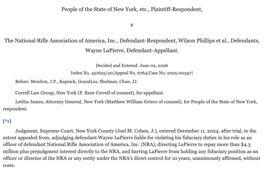 2Aupdates's tweet photo. New York Appellate Court affirms the judgment against Wayne LaPierre in the state attorney general's lawsuit against the NRA: https://t.co/9jQSHKVvNA https://t.co/4YYklKdk8Z