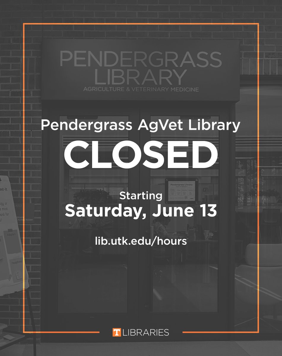 UTKLibraries's tweet photo. Starting Sat., June 13, Pendergrass AgVet Library will be closed for renovations. 🚧

You can continue using spaces and resources at Hodges Library. Email agvetlib@utk.edu for agriculture or veterinary medicine research assistance.

🔗 https://t.co/yhQQA9kica https://t.co/kWBgptb79X