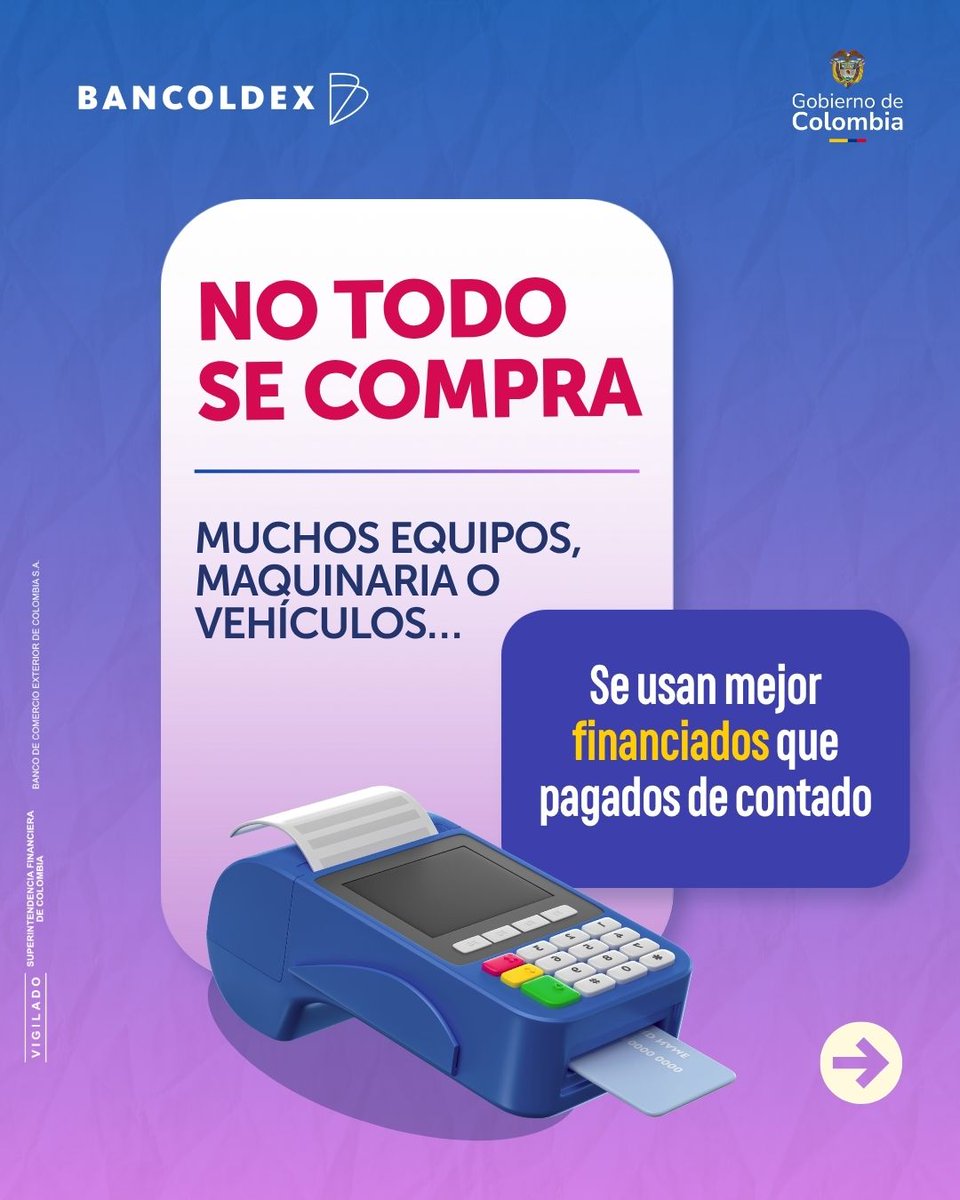 Bancoldex's tweet photo. Deja de descapitalizar tu negocio.

Accede a maquinaria, equipos o vehículos sin pagar todo de contado y mantén tu flujo de caja en movimiento.

Con Leasing Bancóldex puedes hacerlo.

¡Solicita información y empieza a usarlo a tu favor!

#Bancóldex #FinanciaciónEmpresarial #CrecimientoEmpresarial #SolucionesFinancieras #CapitalParaCrecer