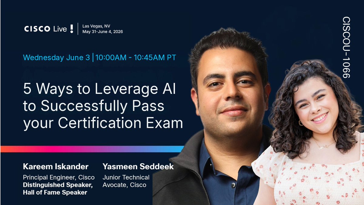 CiscoNetAcad's tweet photo. Catch “5 Ways to Leverage AI to Successfully Pass Your Certification Exam” at #CiscoLive
🗓 June 3 | 10:00 AM PT
📍 Cisco U. Theater

Get practical, demo-based ways to transform how you study and stay ahead.

Not in Vegas? Subscribe to Learn with Cisco on YouTube to watch live! https://t.co/eKYWiANYN0