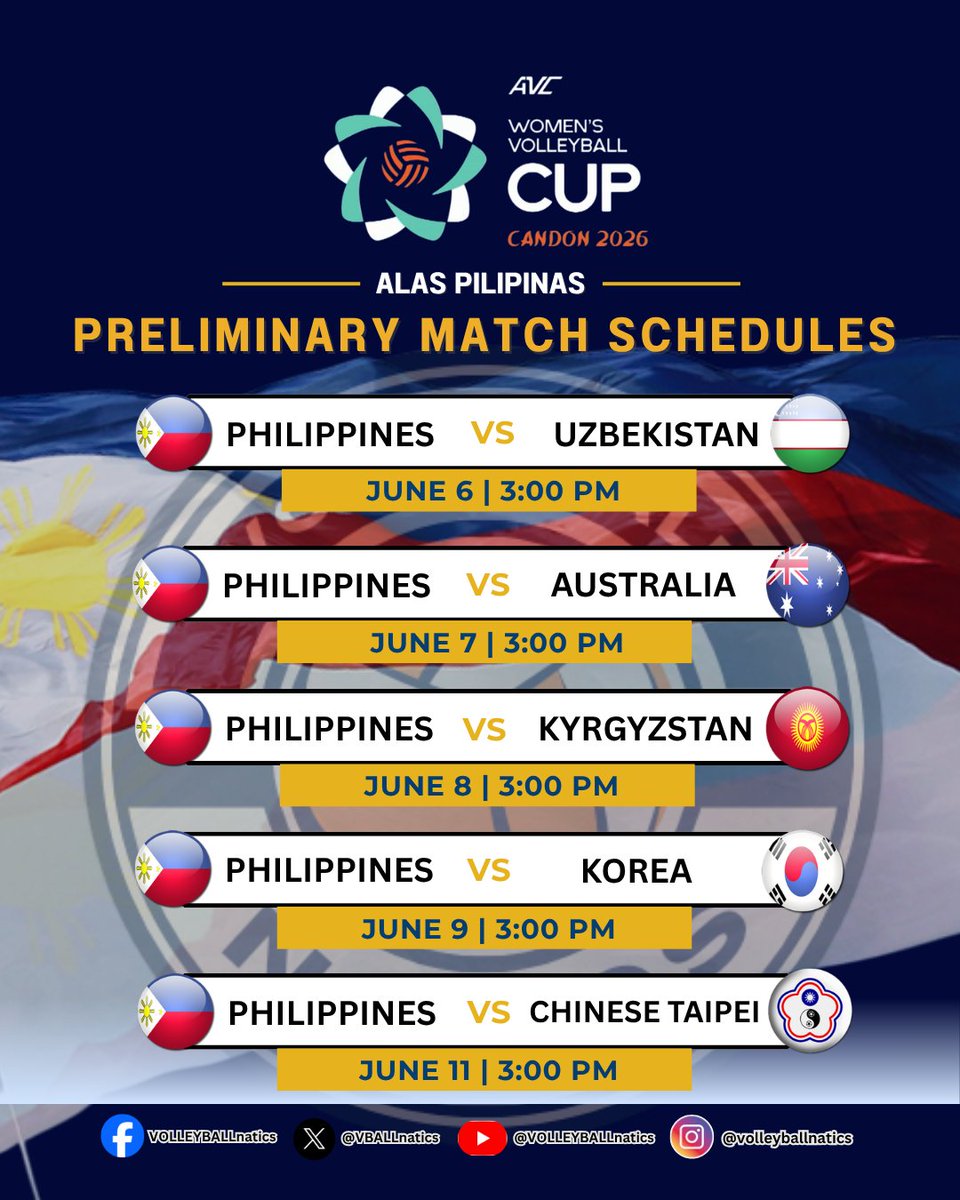 VBALLnatics's tweet photo. 2026 AVC WOMEN'S CUP IN CANDON

The full Preliminary match schedules of the ALAS Pilipinas Women's Team in the upcoming AVC Women's Cup on JUNE 6-14 in Candon City Arena🏐🇵🇭

#ALASPILIPINAS #AVCCup2026 #volleyball https://t.co/pWc9kiXpMY