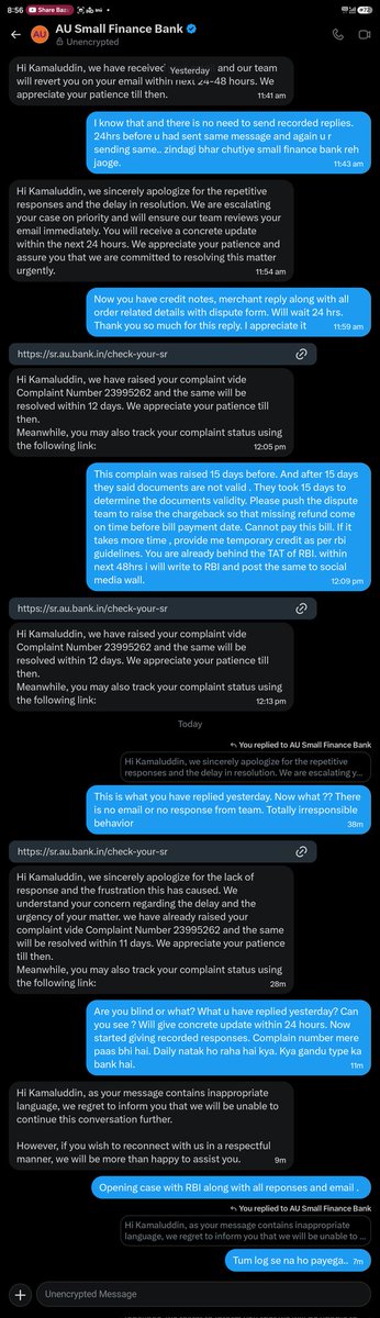KAMAALAZAD's tweet photo. @aubankindia @RBI @FinMinIndia @FinancialTimes This is how their support team is. Due to them i am going through mental trauma. Will seek a compensation in RBI. They have stolen my refund. https://t.co/buuv86yAzA