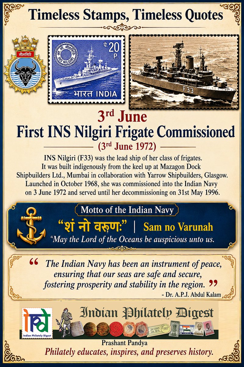 ipfdigest's tweet photo. Timeless Stamps, Timeless Quotes

3rd June
First INS Nilgiri Frigate Commissioned
(3rd June 1972)

"शं नो वरुणः" | Sam no Varunah
May the Lord of the Oceans be auspicious unto us.

#philately
#INSNilgiri
#indiannavy https://t.co/AoD109sg5u