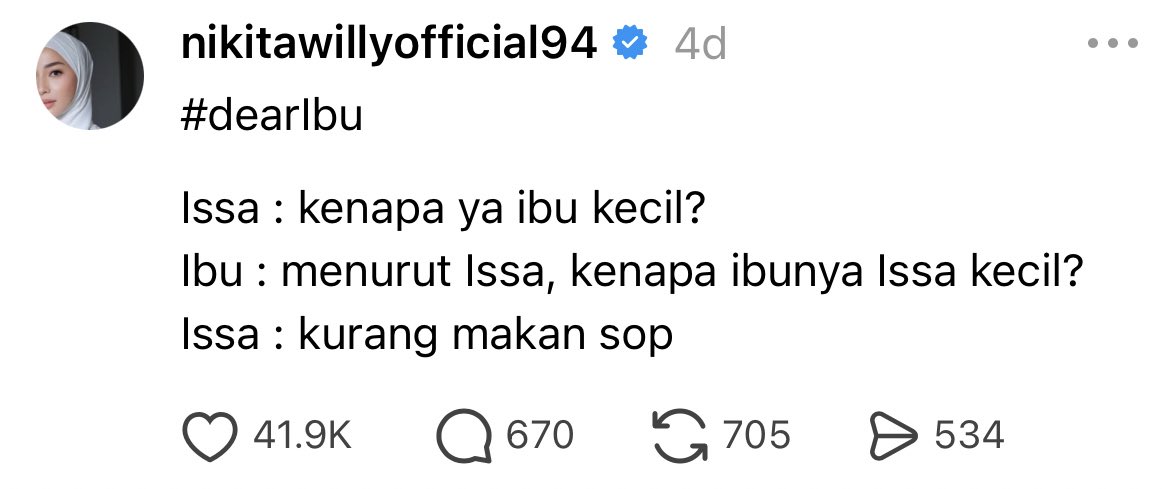 insidefolkative's tweet photo. Nikita Willy posting perbincangannya bersama sang anak,

Issa: kenapa ya ibu kecil?
Ibu: menurut Issa, kenapa ibunya Issa kecil?
Issa: kurang makan sop

😭😭😭😭😭😭😭😭 https://t.co/c1V4XMhigs