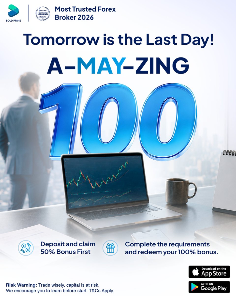 BoldPrime's tweet photo. Tomorrow is the last day for A-MAY-ZING 100.

Claim your 50% Bonus first, complete the requirements, and redeem your 100% Bonus before the campaign ends. T&amp;Cs apply.

Claim Now: https://t.co/3W3tFWTfIm

#BoldPrime #AMAYZING100 #TradingBonus https://t.co/kHHFA1YAtw