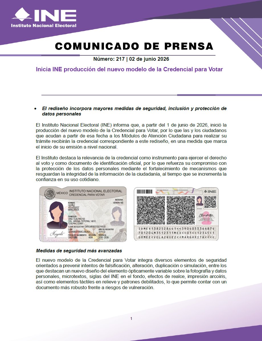 INEMexico's tweet photo. #BoletínINE 📄 | Inicia #INE producción del nuevo modelo de la Credencial para Votar 🪪

🔗Te contamos los detalles de la información en el siguiente enlace👇

https://t.co/MepFelporh https://t.co/rCySuzRMJq