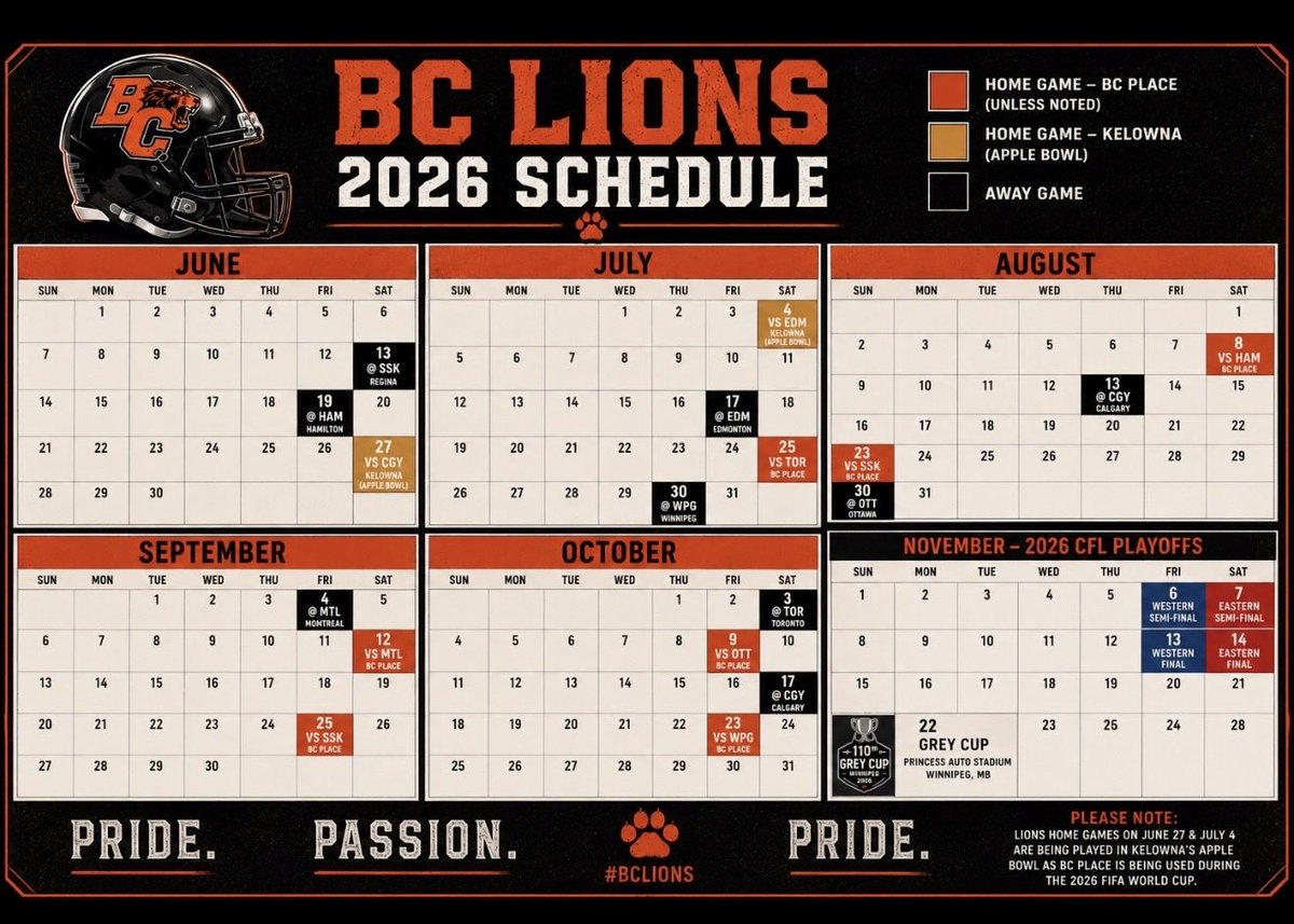TomRutledge3's tweet photo. BC Lions 2026 Schedule. https://t.co/ExyZKP0I5m