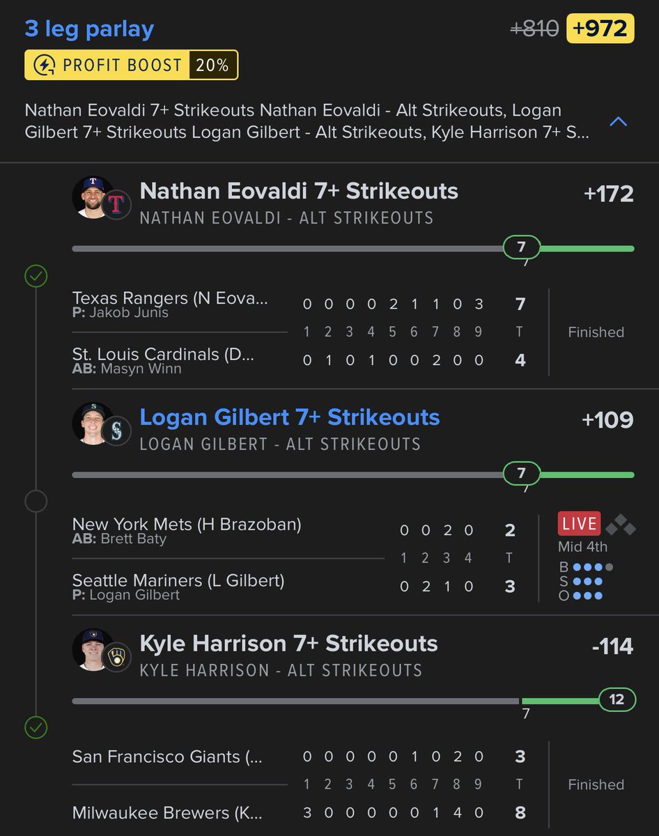 ChrisCapsva's tweet photo. (+972) (.5u) ✅
Nathan Eovaldi 7 Ks
Logan Gilbert 7 Ks
Kyle Harrison 7 Ks

https://t.co/1vgQ8kYT0U https://t.co/kFhpyHF1uh