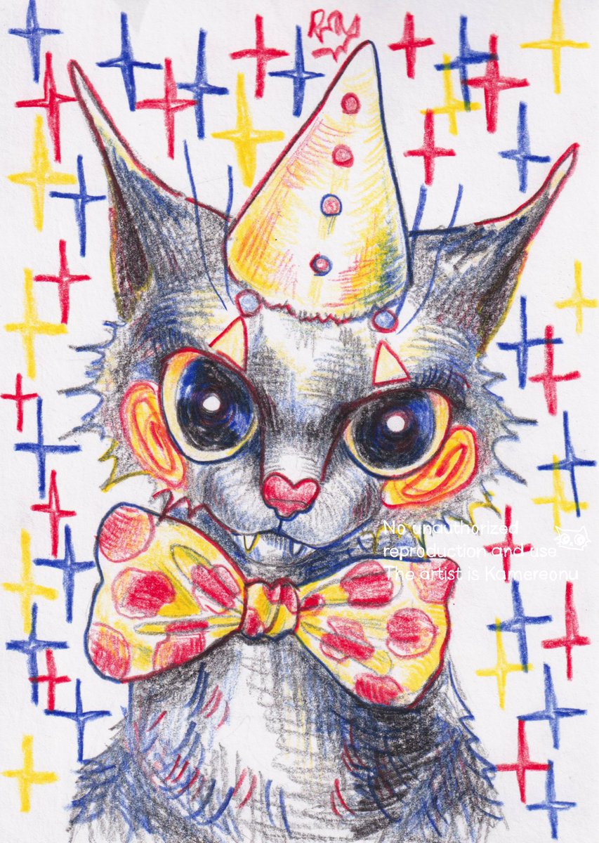 kamereonu's tweet photo. くろちゃん！！（飼い猫の方）
赤、青、黄と黒の色鉛筆で描きました〜 https://t.co/6DMWLUEXyE