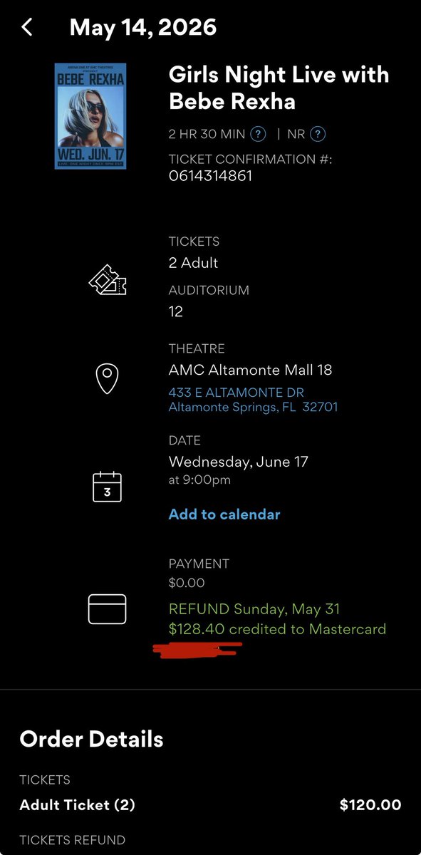 BritneyForLyfe's tweet photo. WHAT THE ACTUAL FUCK @AMCTheatres?!?! The only reason I upgraded my membership was solely for this @BebeRexha event. Not even a notification or email about the event being canceled. I was just saying tonight how excited I was for this and then check the app to see my ticket done and refunded 😭🖕🏼 canceling my AMC membership effective immediately!