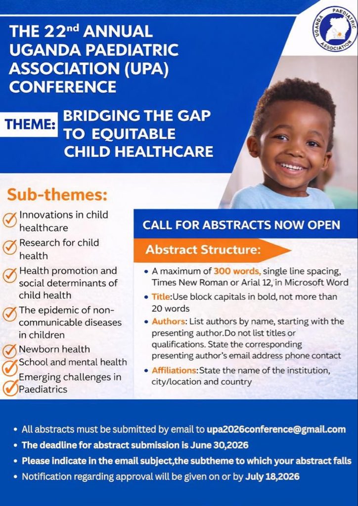 Paeduganda's tweet photo. 🚨 Only 27 days left to submit your abstract!
22nd UPA Conference: Bridging the Gap to Equitable Child Healthcare
Deadline: 30 June 2026
Email: upa2026conference@gmail.com
#UPA2026 #PaediatricsUG https://t.co/I3e3M4zs6G