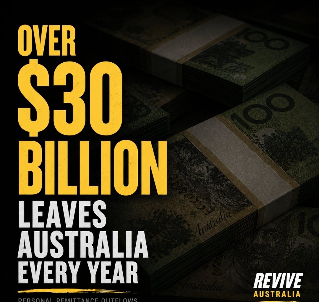 Revive_Aus's tweet photo. Every year, wealth earned on Australian soil is extracted and sent offshore through personal remittances.

It is a deliberate wealth extraction process that is hollowing out our nation.

It's time to tax remittances and stop the bleed.

Watch this space. More to come. https://t.co/lD3WslkvNL