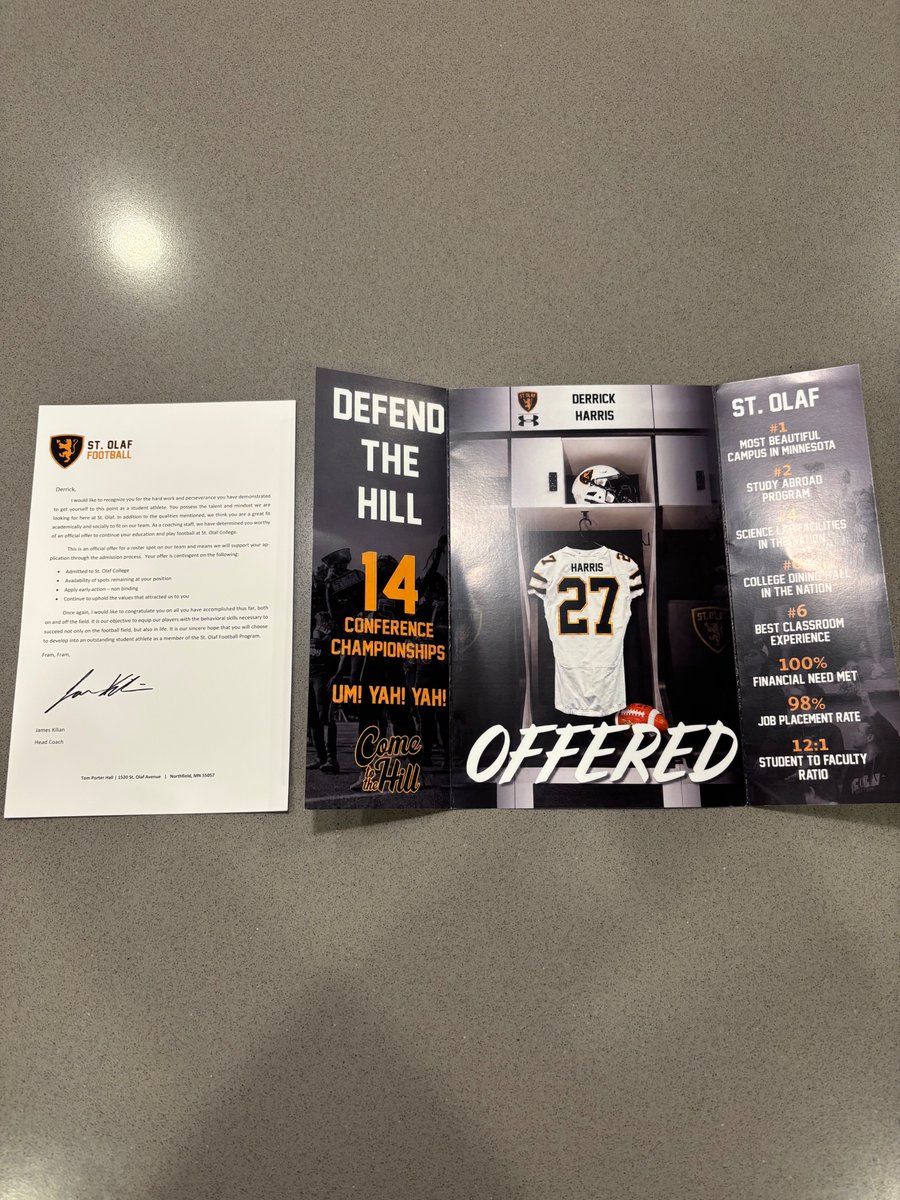 derrick_H11's tweet photo. Excited to say after an amazing camp and conversations with the coaching staff I am BLESSED to have received my first offer to play football and The University Of St Olaf! Thankful for all the coaches for this opportunity. 
#AGTG 
@JamesKilian 
@Coach_MPaulson 
@CoachLucasKlein https://t.co/GfFbnfjfvF