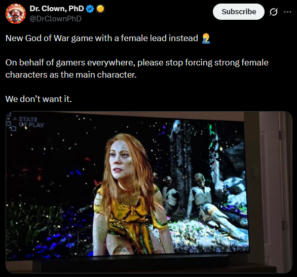 StormberiVT's tweet photo. It's god of war, I wanna play as the god of war"

Tell me you didn't play the last 2 games and you just hate seeing women in media. This is biggest L take in modern gaming. https://t.co/6mo1aPP5kP
