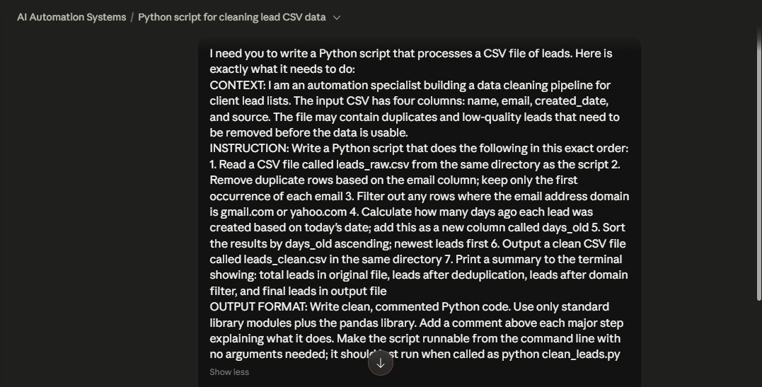 Phizzy250's tweet photo. Day 18 learning Claude.

Built a Python script to clean lead data automatically.

Then spent time trying to force it into n8n.

Big lesson:
Not every solution needs a workflow

Sometimes the smartest workflow is no workflow at all https://t.co/3Q5mxZ4suw