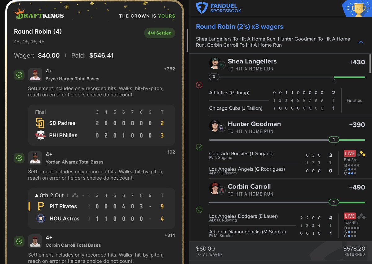 GoldBoys's tweet photo. Cash the MLB Round Robins for @JDGoldboys &amp; @ParlayLabio 🔥

$40 👉 $546 😤
$60 👉 $578 😮‍💨

Cash with us! 👉 https://t.co/ChgX7UxU00 https://t.co/6RI6H58Wid