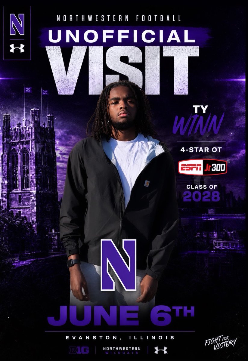 Ty_Winn09's tweet photo. Can’t be out Chicago this weekend and not stop pass Northwestern University @NUFBFamily 🤫 I’m excited, See yall on Saturday 🔥🔥💪🏾 

Tyrie Davis-Winn 
4-star| Left Tackle| ESPN Top 150
#1 OT in Pennsylvania 
6’8| 275lbs| 36” arms| 85.3” WS| 3.78GPA| Dual Athlete| 16 D1 offers| Bonner Prendie

@DavidBraunFB @Grattan65 @PetersNUFB @NUFBRecruiting @samspiegs @GregSmithRivals @M_Shelton33 @WildcatReport #Wildcats #BigTen #TyWinn 💜💜💜💜💜