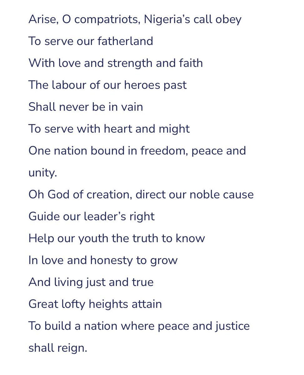 Precisely18's tweet photo. Read this carefully and you’ll understand why the national anthem was changed and why the country is where it is today. Our politicians preferred an anthem that wouldn’t remind them of their oath and responsibilities. Worse still, it wasn’t even written by US. #naija https://t.co/h8WgGggd8S