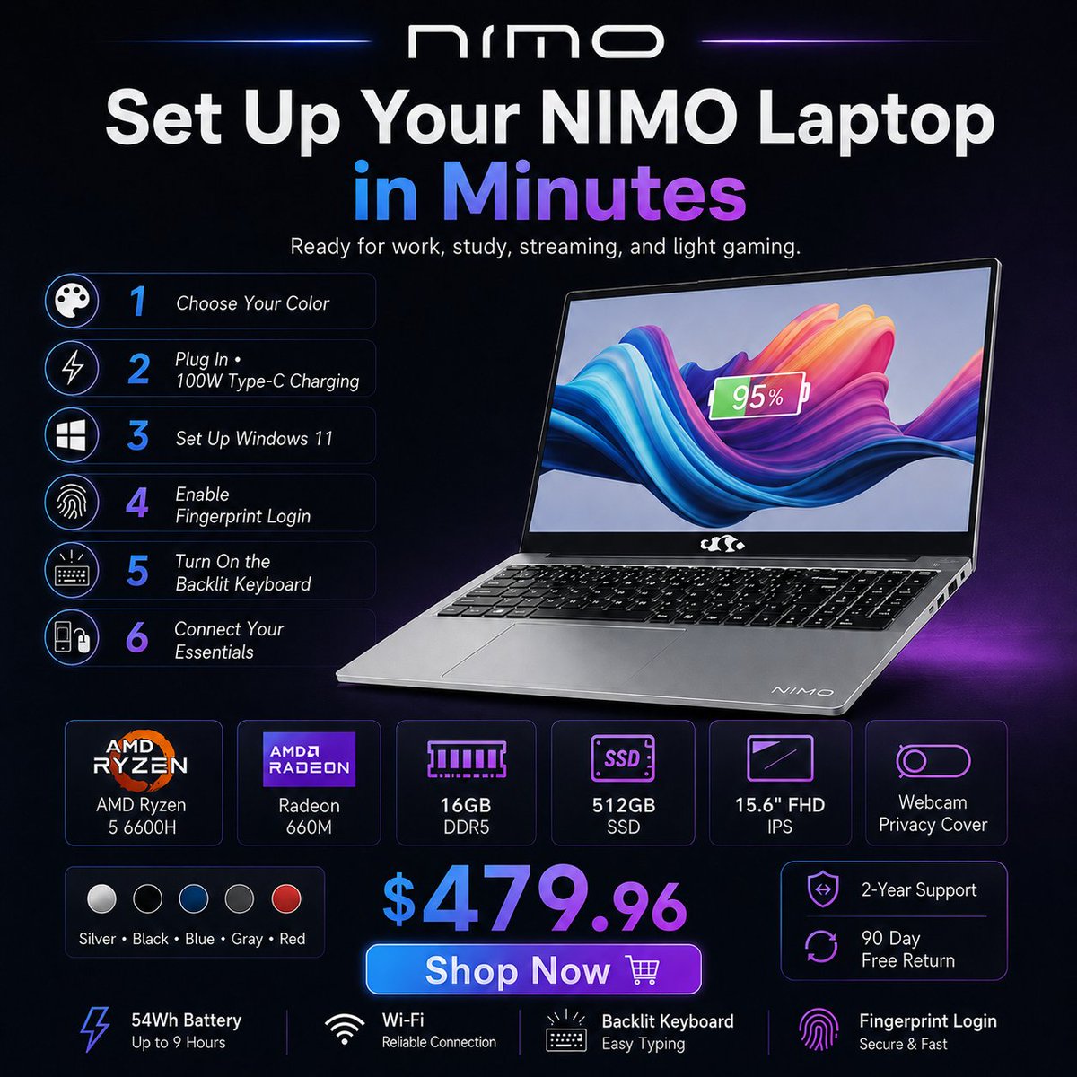 Set up your NIMO laptop in minutes. ⚡ 100W Type-C charging