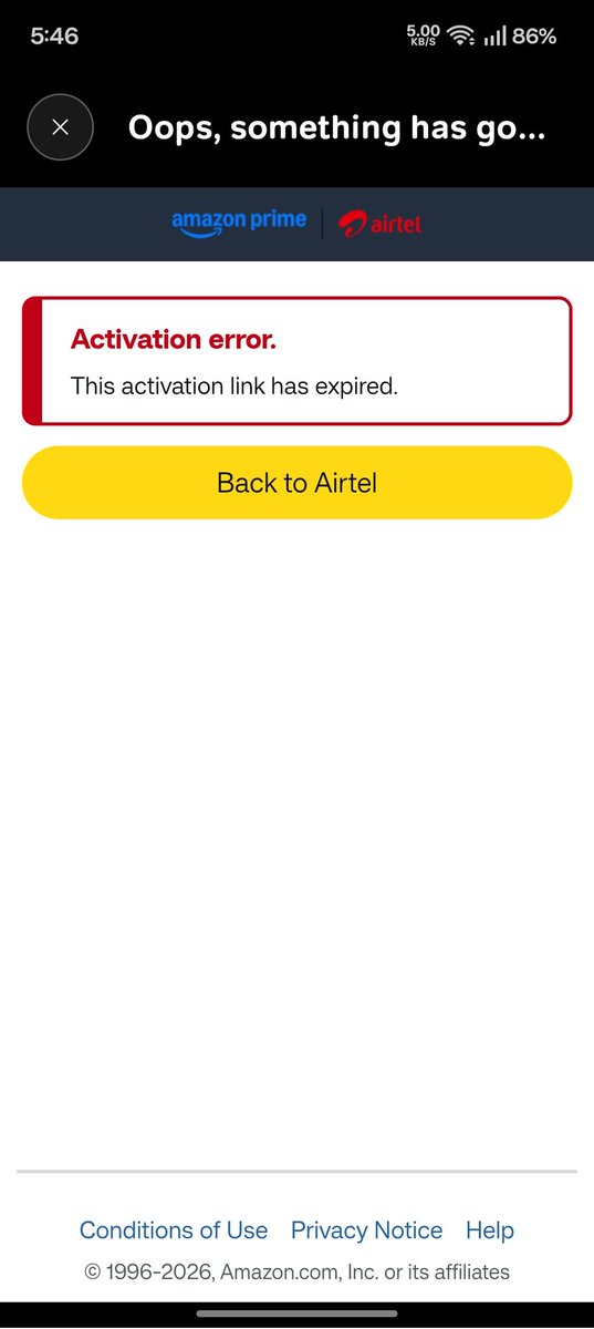 webtrovert's tweet photo. @airtelindia @Airtel_Presence Unable to activate the Amazon Prime membership included with my Airtel Xstream Fiber plan. "Claim Now" shows "Activation link expired". Raised complaints via calls, app &amp; email for 2 weeks. Repeated callback promises, zero resolution. Please help. https://t.co/VdZ42fQDCi