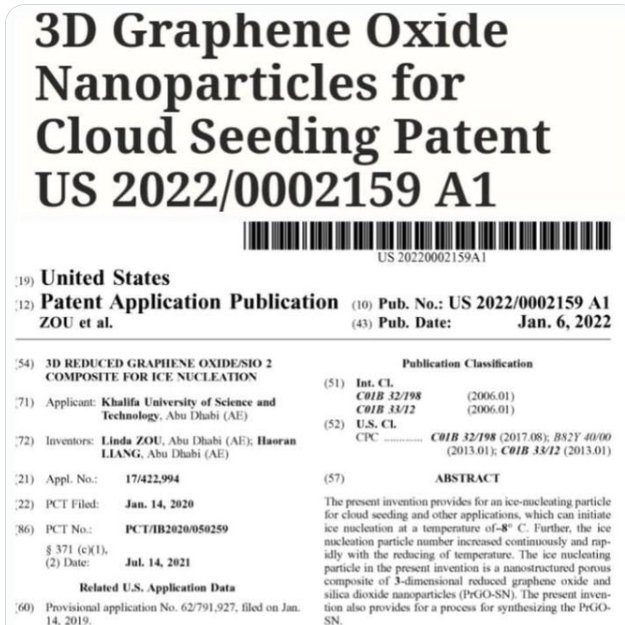 ValerieAnne1970's tweet photo. 🚨THEY’RE PATENTING THE SKIES — AND PUMPING GRAPHENE OXIDE INTO OUR CLOUDS

US Patent 2022/0002159 A1: “3D Graphene Oxide Nanoparticles for Cloud Seeding.”

They’re not “seeding” clouds with water or silver iodide anymore.  
They’re spraying 3D reduced graphene oxide/silica nanoparticles to control ice nucleation at -8°C, manipulate weather patterns, and engineer the atmosphere on demand.

Graphene oxide.  
The same material that’s been screamed about in chemtrail labs and mRNA “vaccine” discussions for years.

These nanoparticles:  
• Can be remotely influenced  
• Persist in the environment  
• Are designed to interact with clouds — and potentially with biology once they drift down  

While they laugh and call it “conspiracy theory,” the U.S. Patent Office made it official.

This isn’t rain-making.  
This is full-spectrum atmospheric engineering. Climate control. Weather-as-a-weapon tech.

They’ve been telling you the white lines in the sky are just water vapor.  
Now they’re patenting the exact nanoparticles to make it happen.

What happens when these particles fall into your lungs, your water, your soil?  
What happens when the same “cloud seeding” grid gets flipped into something far darker?

The sky is not theirs to own or experiment on.  
It belongs to every living thing on this planet.