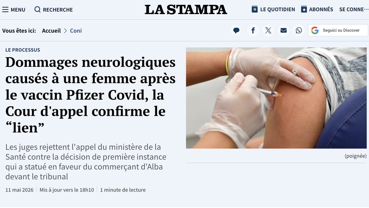 NiONiPardon's tweet photo. 05/2026 La Cour d'appel de Turin confirme le lien de causalité entre le vaccin Pfizer-BioNTech et une mielite transverse chez une buraliste de 57 ans d'Alba. La consulenza tecnica d'ufficio a établi « selon le paramètre de la prépondérance de l'évidence, la subsistance du lien de causalité entre l'inoculation de deux doses du vaccin contre le Covid ». La Cour rejette la thèse du ministère de la Santé selon laquelle « l'assetto autoimmune » préexistant était la cause, estimant qu'il ne pouvait constituer qu'« un terrain favorisant l'événement immunomédié post-vaccinal ».

https://t.co/9ZPqnOo4S3